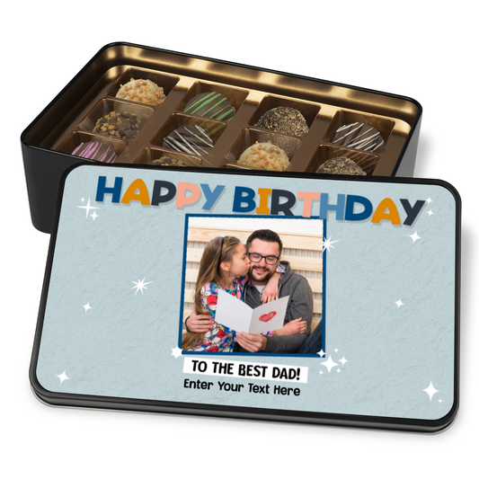 Happy Birthday Keepsake Tin Of 12 Luxury Handmade Chocolates With Personalized Text & Photo Upload