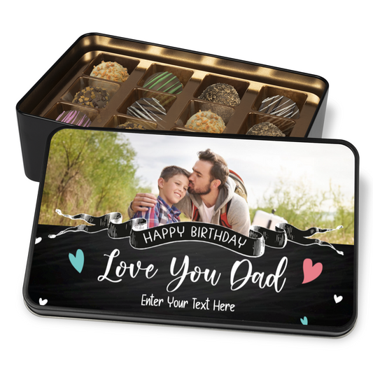 Happy Birthday Keepsake Tin Of 12 Luxury Handmade Chocolates With Personalized Text & Photo Upload