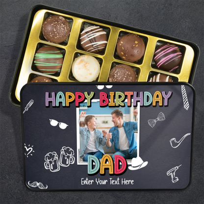 Happy Birthday Dad Keepsake Tin Of 12 Luxury Handmade Chocolates With Personalized Text & Photo Upload