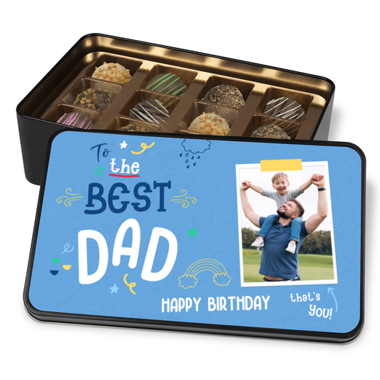 To The Best Dad Keepsake Tin Of 12 Luxury Handmade Chocolates With Personalized Photo Upload