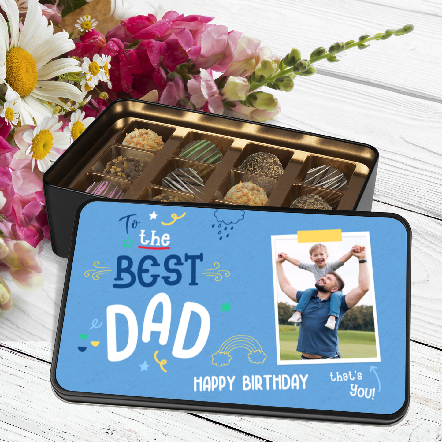 To The Best Dad Keepsake Tin Of 12 Luxury Handmade Chocolates With Personalized Photo Upload