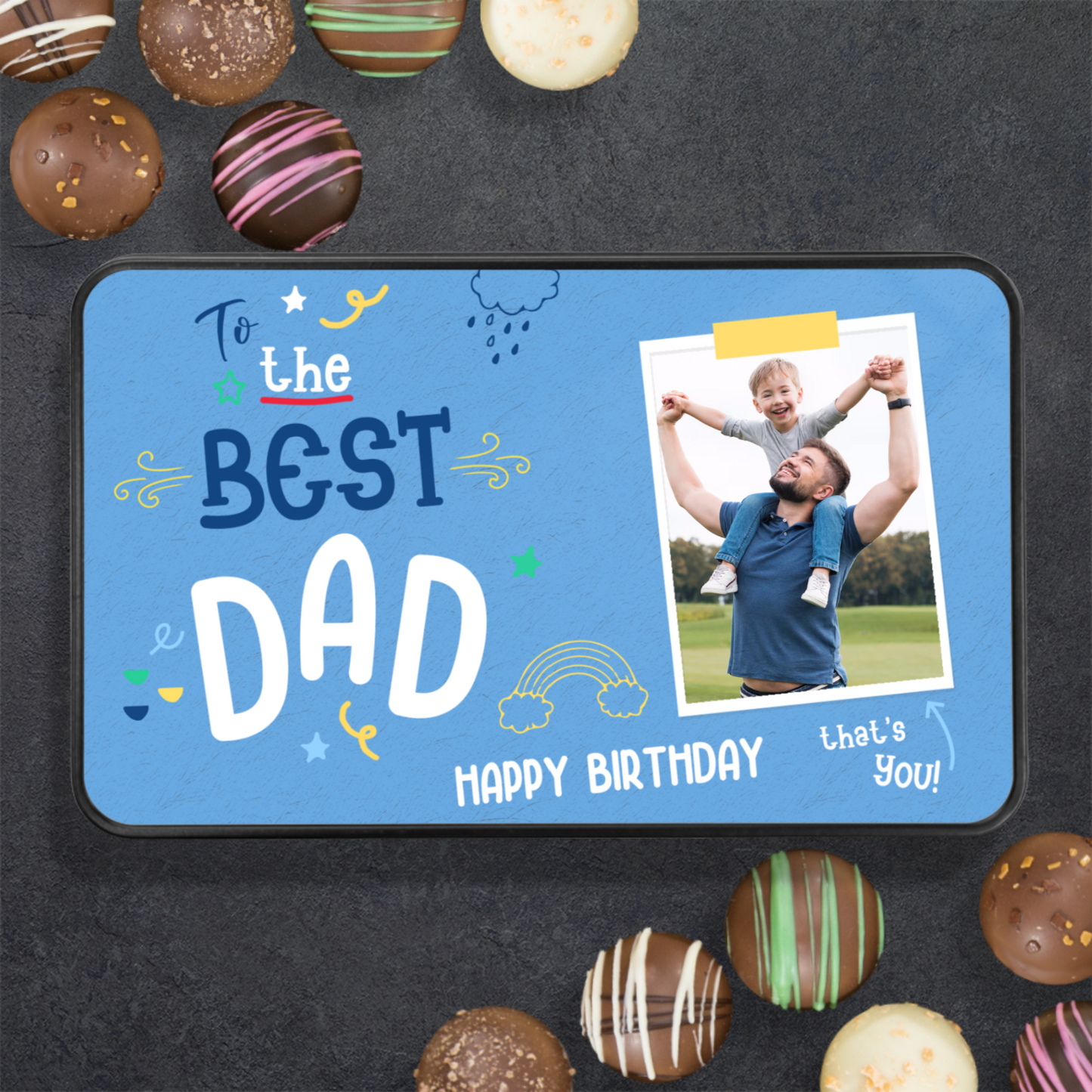 To The Best Dad Keepsake Tin Of 12 Luxury Handmade Chocolates With Personalized Photo Upload