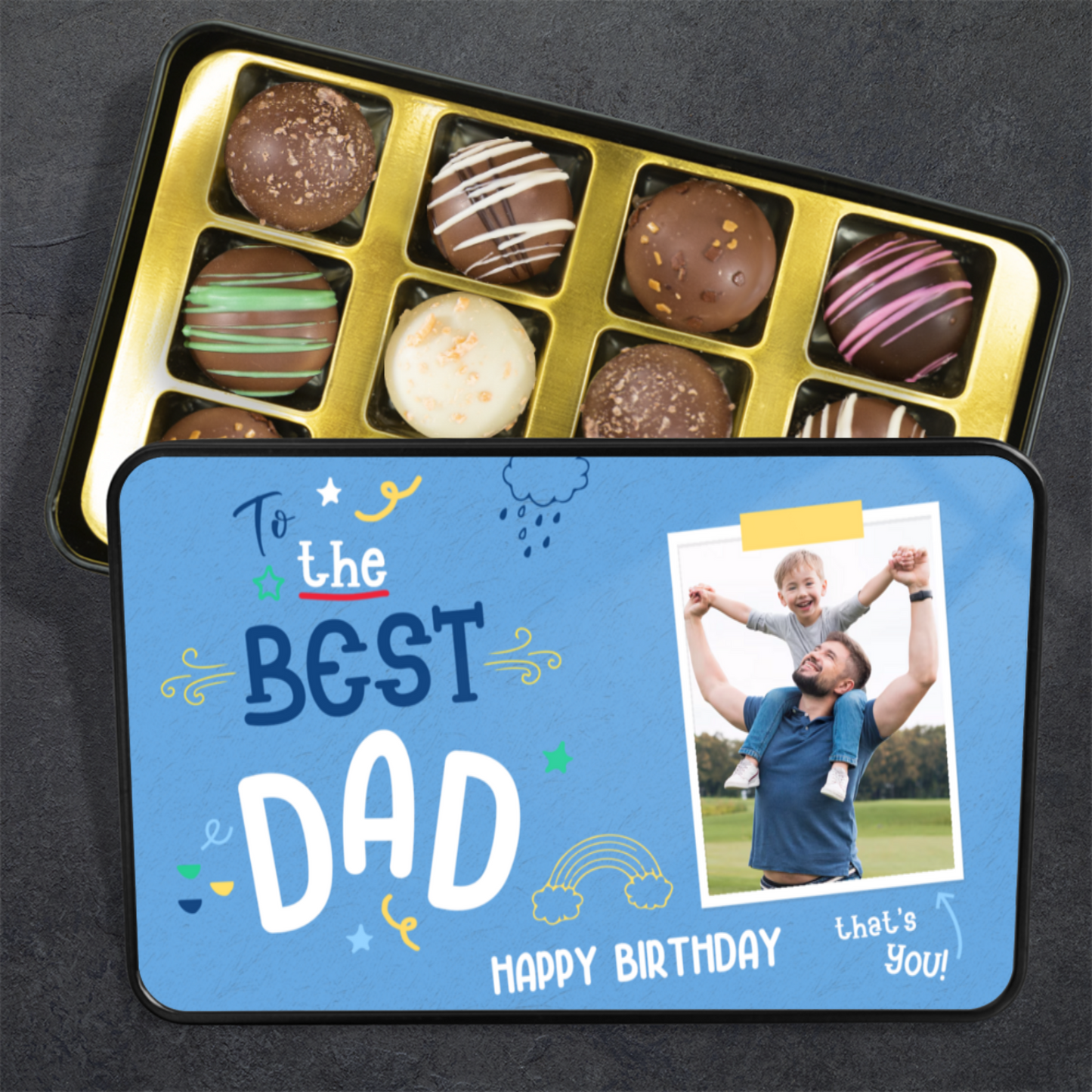 To The Best Dad Keepsake Tin Of 12 Luxury Handmade Chocolates With Personalized Photo Upload