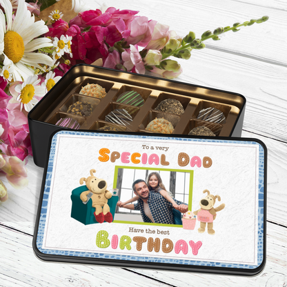 To A Very Special Dad Keepsake Tin Of 12 Luxury Handmade Chocolates With Personalized Photo Upload