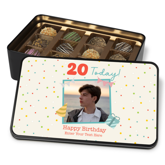 Happy Birthday Keepsake Tin Of 12 Luxury Handmade Chocolates With Personalized Text Photo Upload & Age