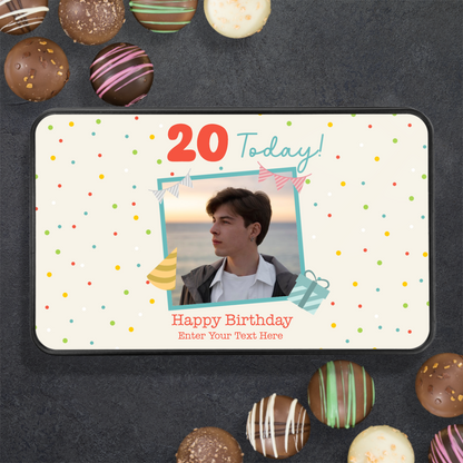 Happy Birthday Keepsake Tin Of 12 Luxury Handmade Chocolates With Personalized Text Photo Upload & Age