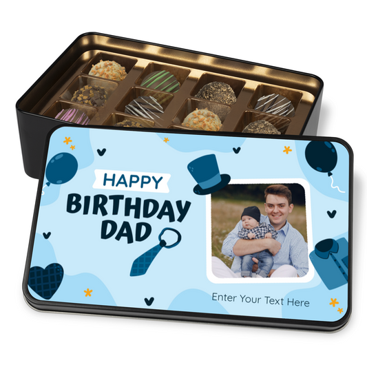 Happy Birthday Dad Keepsake Tin Of 12 Luxury Handmade Chocolates With Personalized Text & Photo Upload