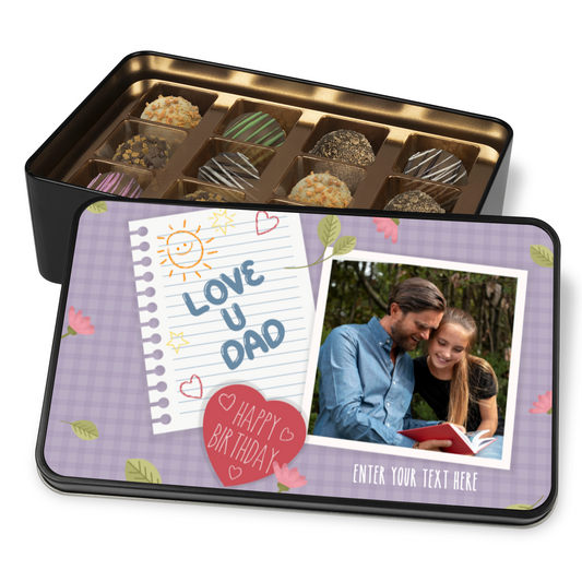 Love You Dad Keepsake Tin Of 12 Luxury Handmade Chocolates With Personalized Text & Photo Upload