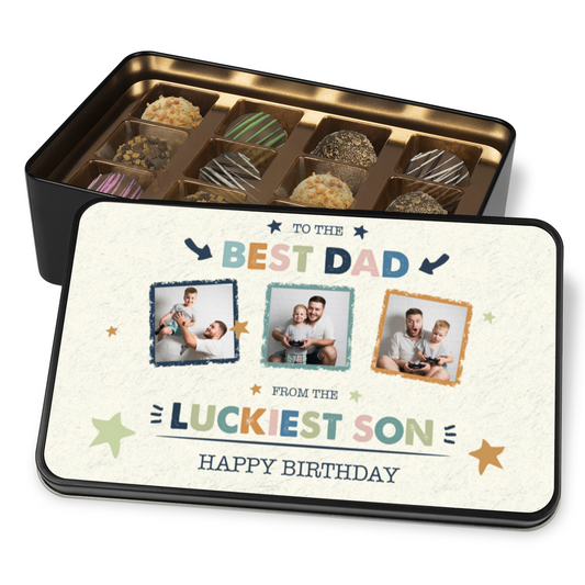 To The Best Dad Keepsake Tin Of 12 Luxury Handmade Chocolates With Personalized Photo Upload