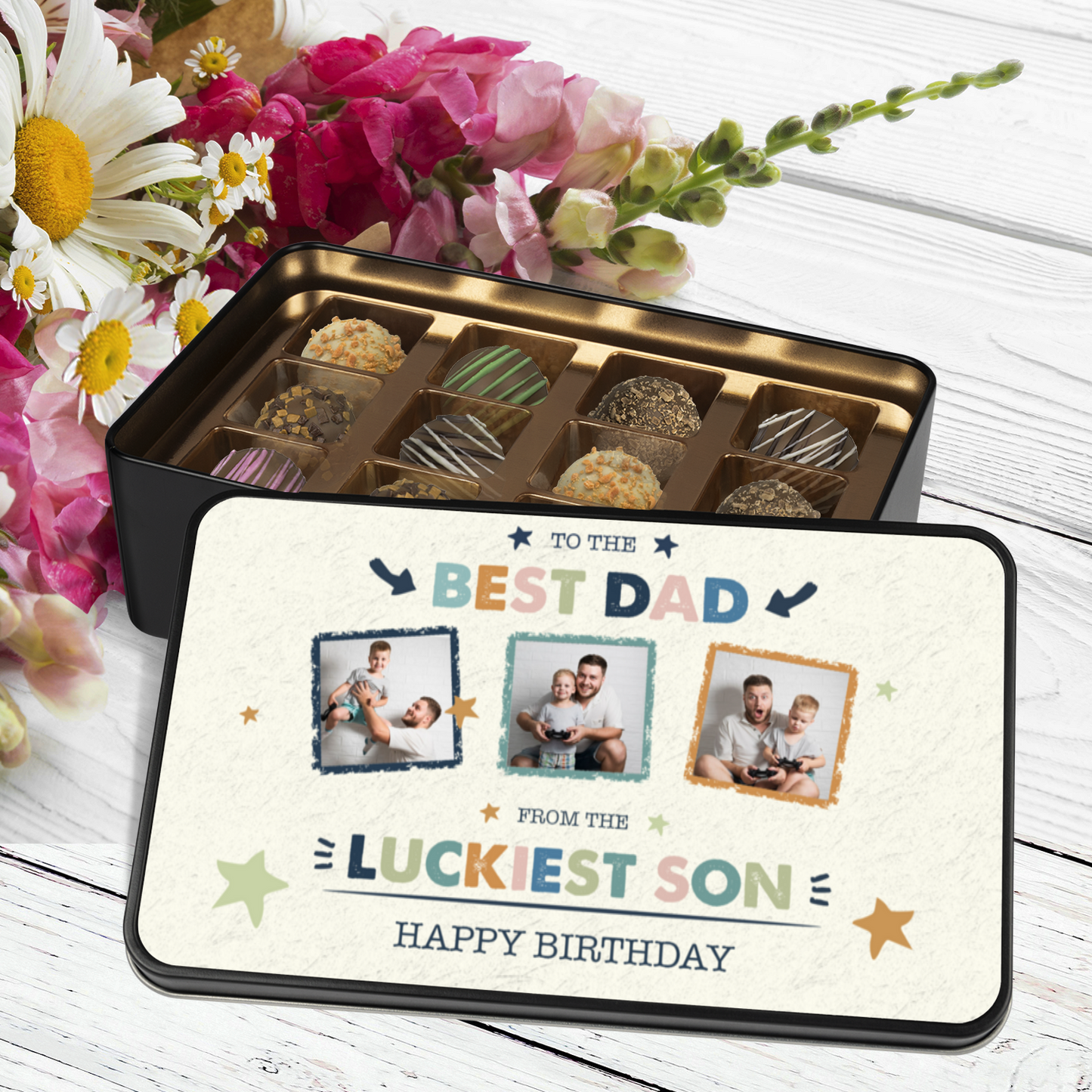 To The Best Dad Keepsake Tin Of 12 Luxury Handmade Chocolates With Personalized Photo Upload