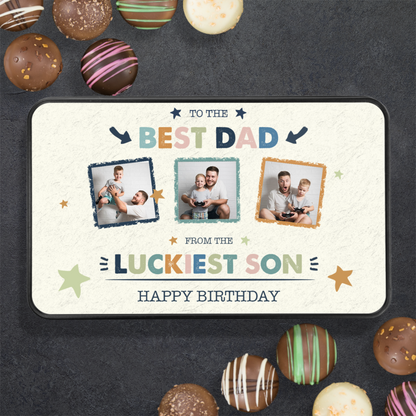 To The Best Dad Keepsake Tin Of 12 Luxury Handmade Chocolates With Personalized Photo Upload