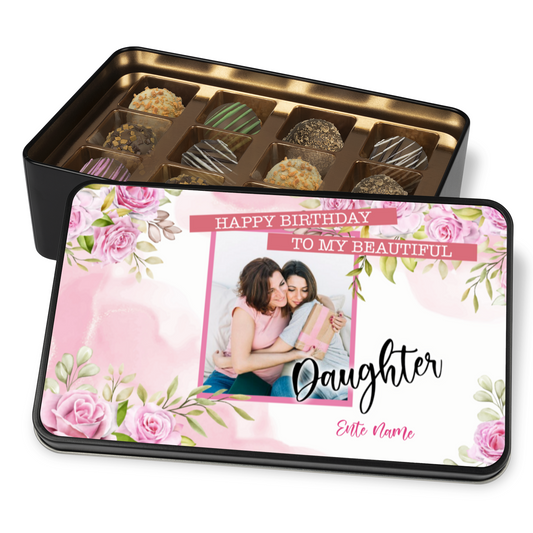 Happy Birthday To My Beautiful Keepsake Tin Of 12 Luxury Handmade Chocolates With Personalized Text & Photo Upload