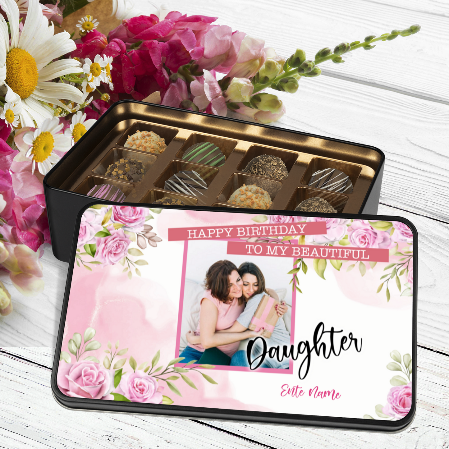 Happy Birthday To My Beautiful Keepsake Tin Of 12 Luxury Handmade Chocolates With Personalized Text & Photo Upload