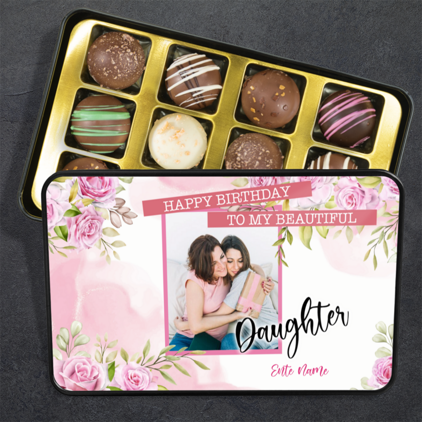 Happy Birthday To My Beautiful Keepsake Tin Of 12 Luxury Handmade Chocolates With Personalized Text & Photo Upload