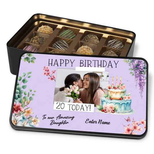 Happy Birthday Keepsake Tin Of 12 Luxury Handmade Chocolates With Personalized Text & Photo Upload