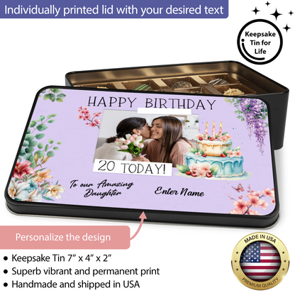 Happy Birthday Keepsake Tin Of 12 Luxury Handmade Chocolates With Personalized Text & Photo Upload