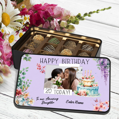 Happy Birthday Keepsake Tin Of 12 Luxury Handmade Chocolates With Personalized Text & Photo Upload