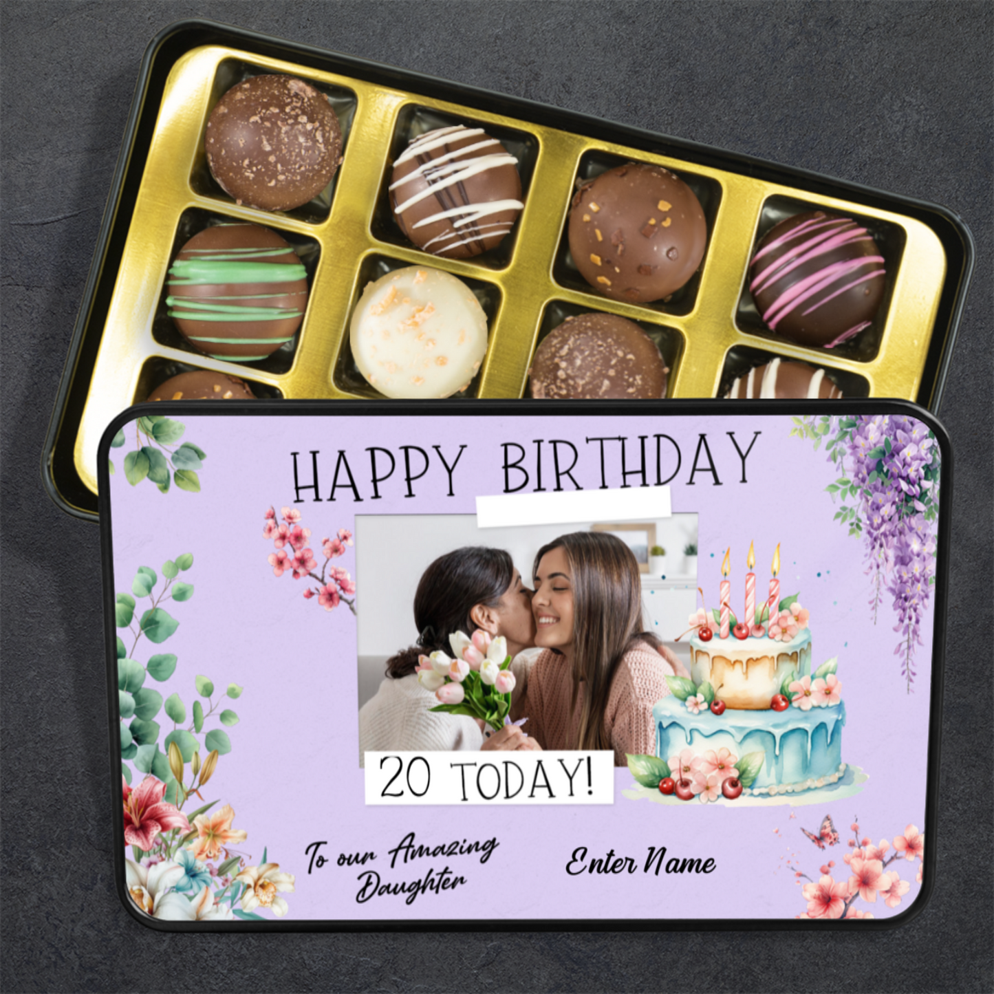 Happy Birthday Keepsake Tin Of 12 Luxury Handmade Chocolates With Personalized Text & Photo Upload