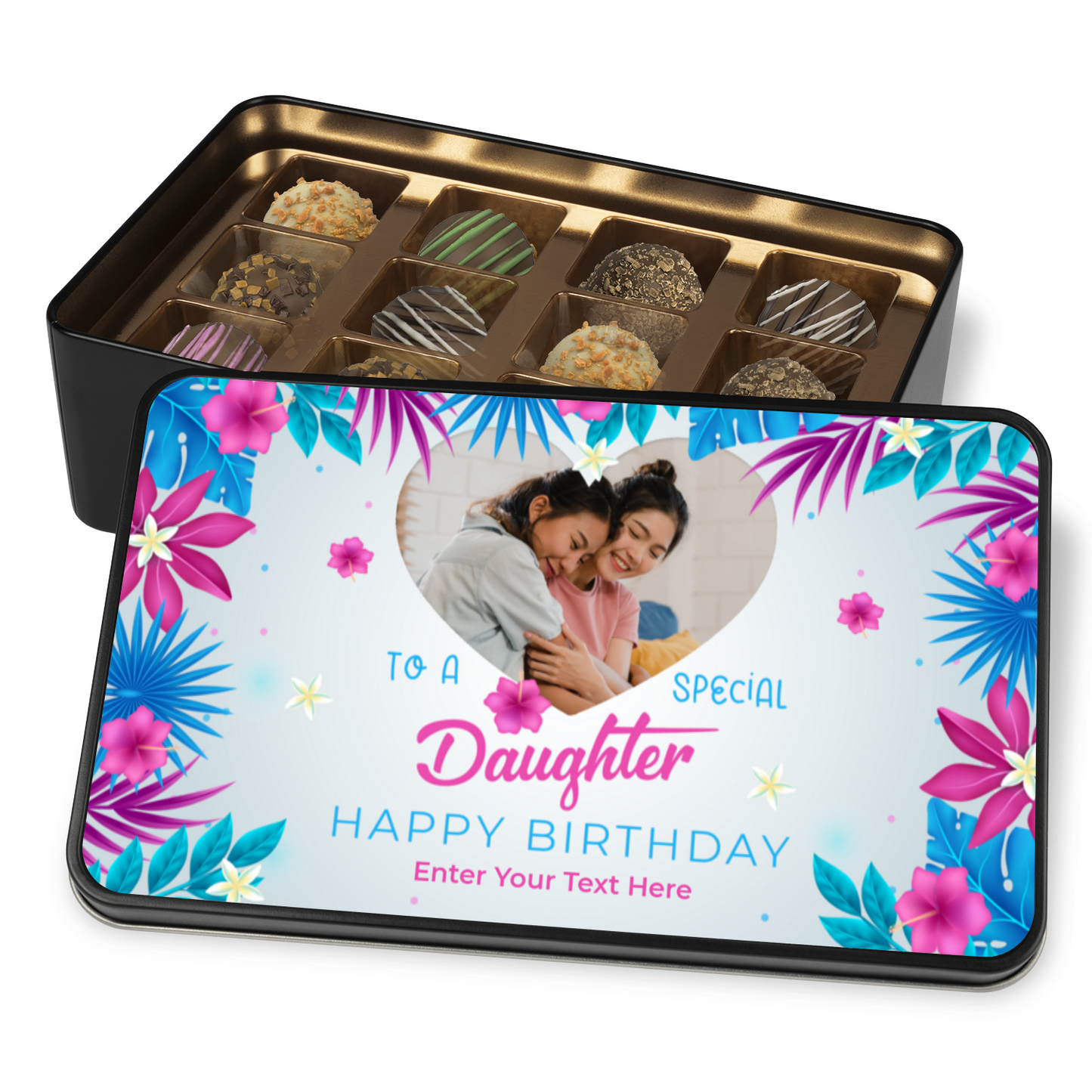 To A Special Daughter Keepsake Tin Of 12 Luxury Handmade Chocolates With Personalized Text & Photo Upload