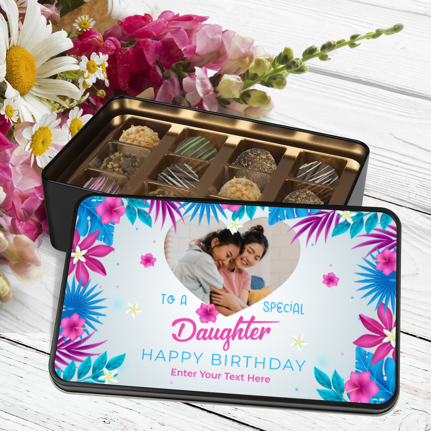 To A Special Daughter Keepsake Tin Of 12 Luxury Handmade Chocolates With Personalized Text & Photo Upload