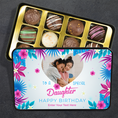 To A Special Daughter Keepsake Tin Of 12 Luxury Handmade Chocolates With Personalized Text & Photo Upload