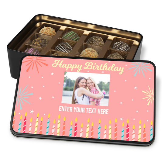 Happy Birthday Keepsake Tin Of 12 Luxury Handmade Chocolates With Personalized Text & Photo Upload