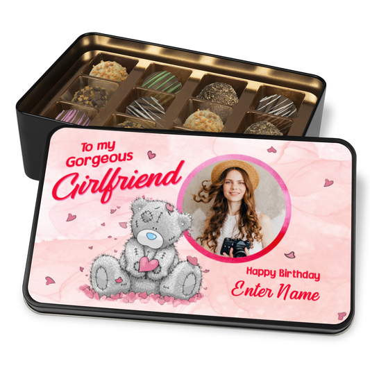 To My Gorgeous Girlfriend Keepsake Tin Of 12 Luxury Handmade Chocolates With Personalized Text & Photo Upload