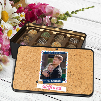 Happy Birthday Keepsake Tin Of 12 Luxury Handmade Chocolates With Personalized Photo Upload