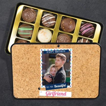 Happy Birthday Keepsake Tin Of 12 Luxury Handmade Chocolates With Personalized Photo Upload