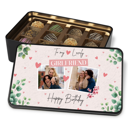 To My Lovely Girlfriend Keepsake Tin Of 12 Luxury Handmade Chocolates With Personalized Photo Upload