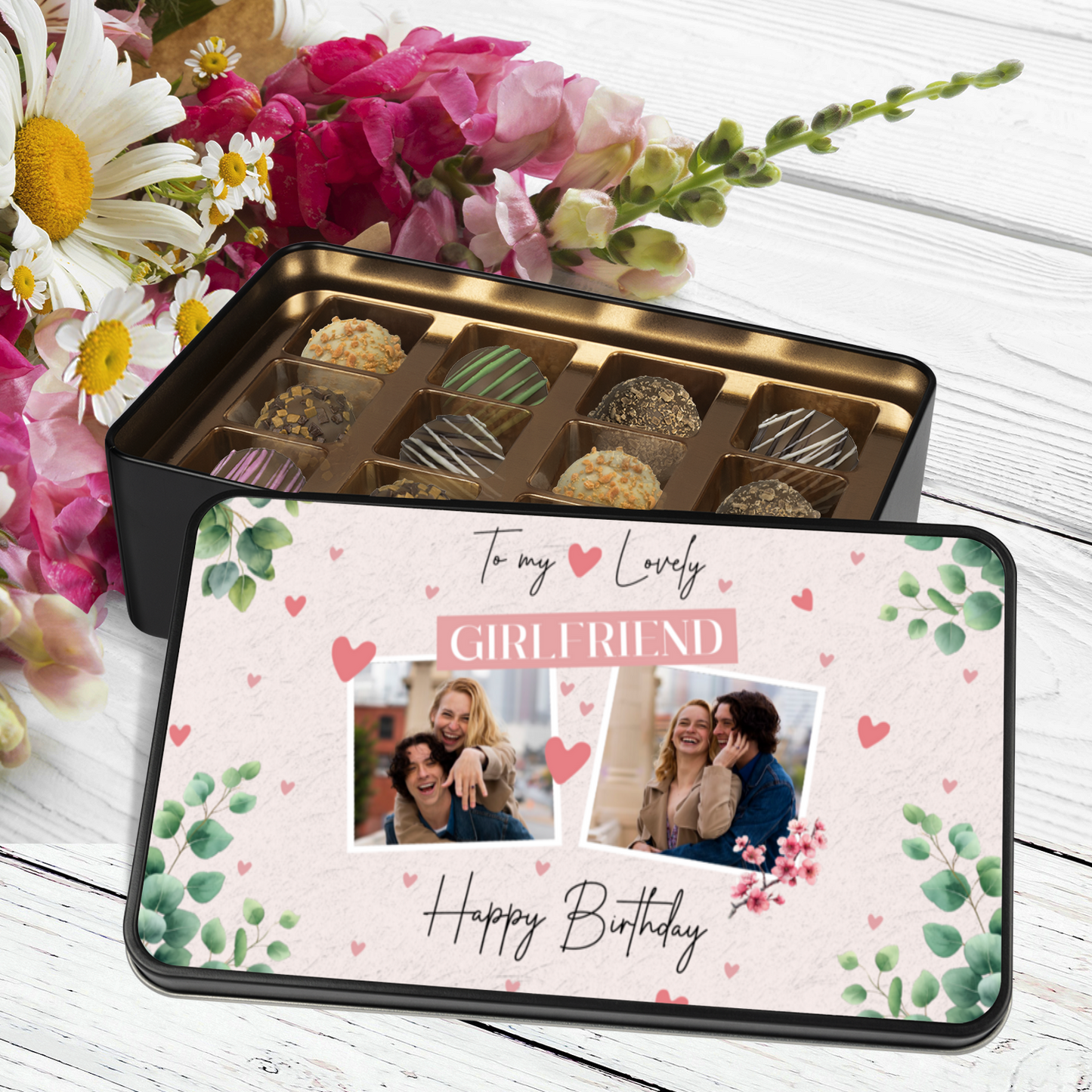 To My Lovely Girlfriend Keepsake Tin Of 12 Luxury Handmade Chocolates With Personalized Photo Upload