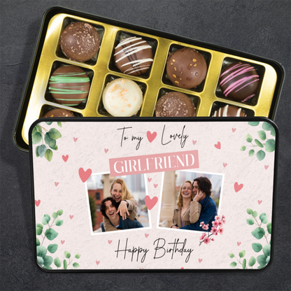 To My Lovely Girlfriend Keepsake Tin Of 12 Luxury Handmade Chocolates With Personalized Photo Upload