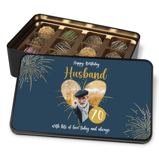 Happy Birthday Husband Keepsake Tin Of 12 Luxury Handmade Chocolates With Personalized Photo Upload & Age