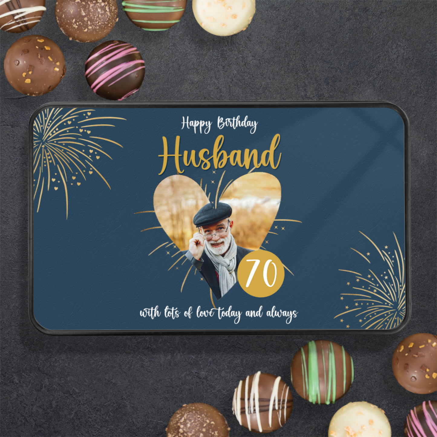 Happy Birthday Husband Keepsake Tin Of 12 Luxury Handmade Chocolates With Personalized Photo Upload & Age