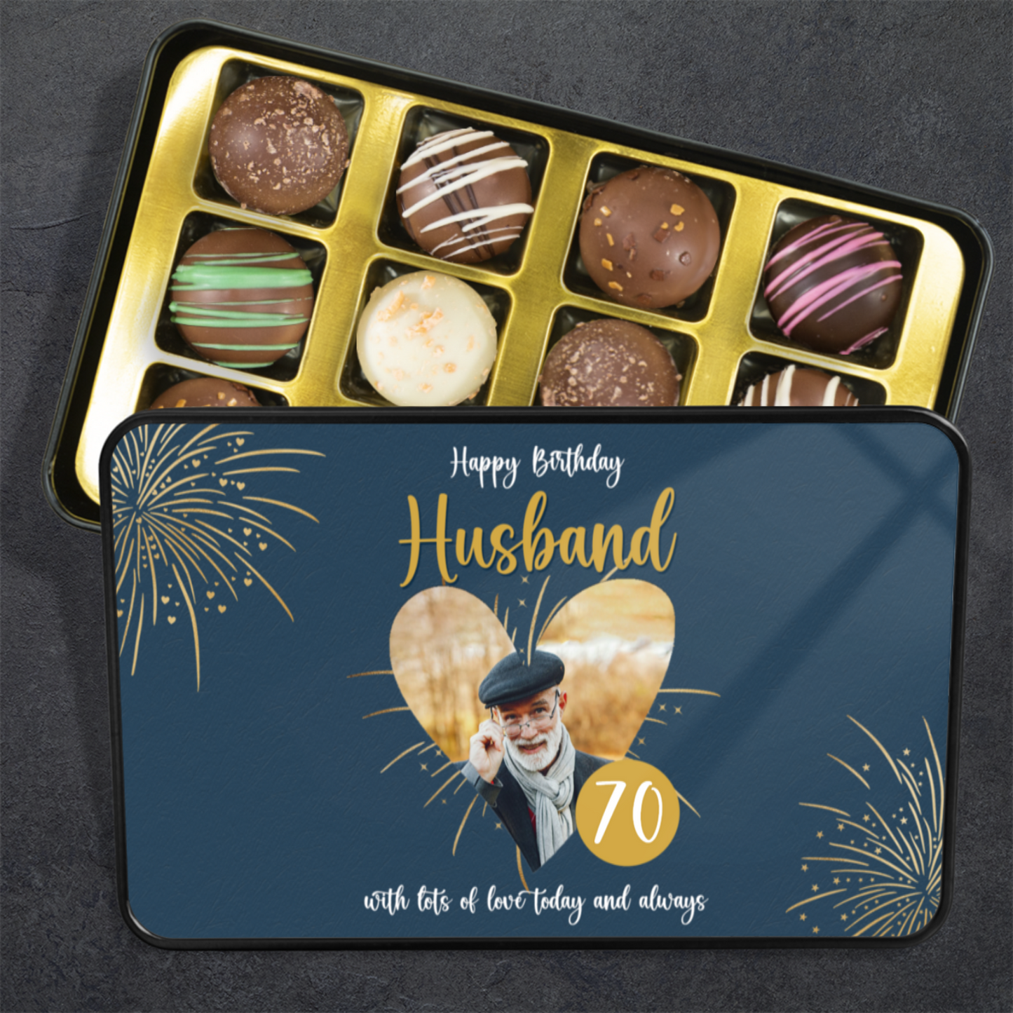 Happy Birthday Husband Keepsake Tin Of 12 Luxury Handmade Chocolates With Personalized Photo Upload & Age