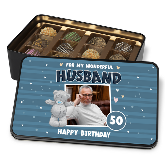 For My Wonderful Husband Keepsake Tin Of 12 Luxury Handmade Chocolates With Personalized Photo Upload & Age