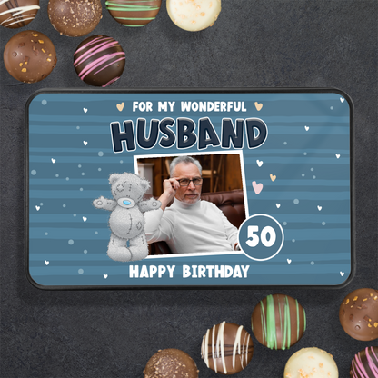 For My Wonderful Husband Keepsake Tin Of 12 Luxury Handmade Chocolates With Personalized Photo Upload & Age