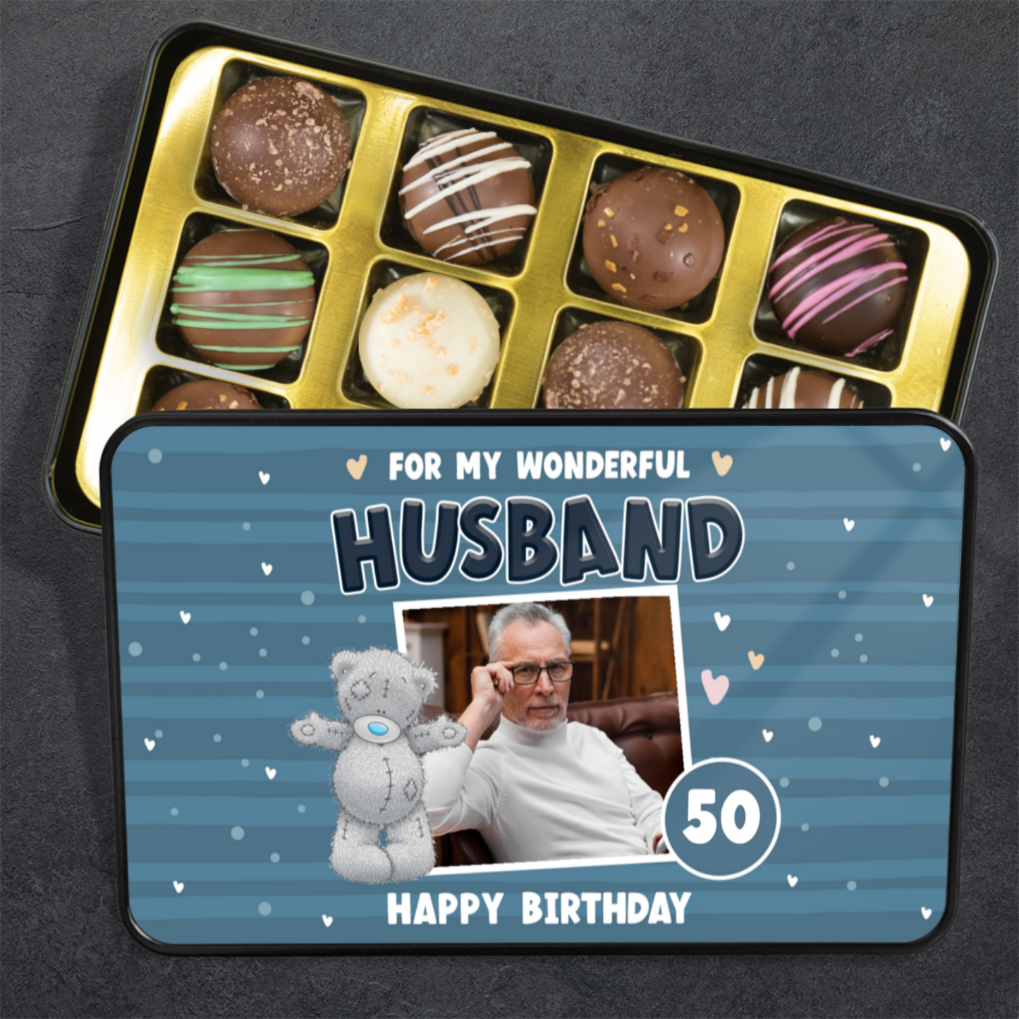 For My Wonderful Husband Keepsake Tin Of 12 Luxury Handmade Chocolates With Personalized Photo Upload & Age