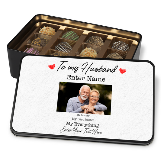 To My Husband Keepsake Tin Of 12 Luxury Handmade Chocolates With Personalized Text & Photo Upload