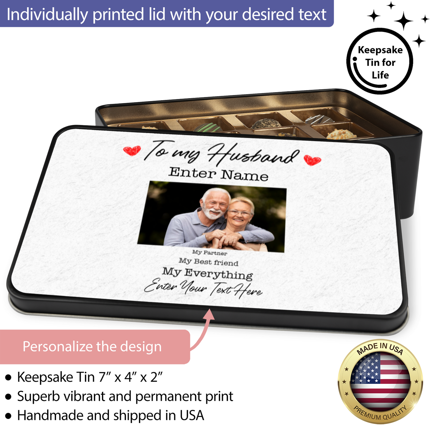 To My Husband Keepsake Tin Of 12 Luxury Handmade Chocolates With Personalized Text & Photo Upload