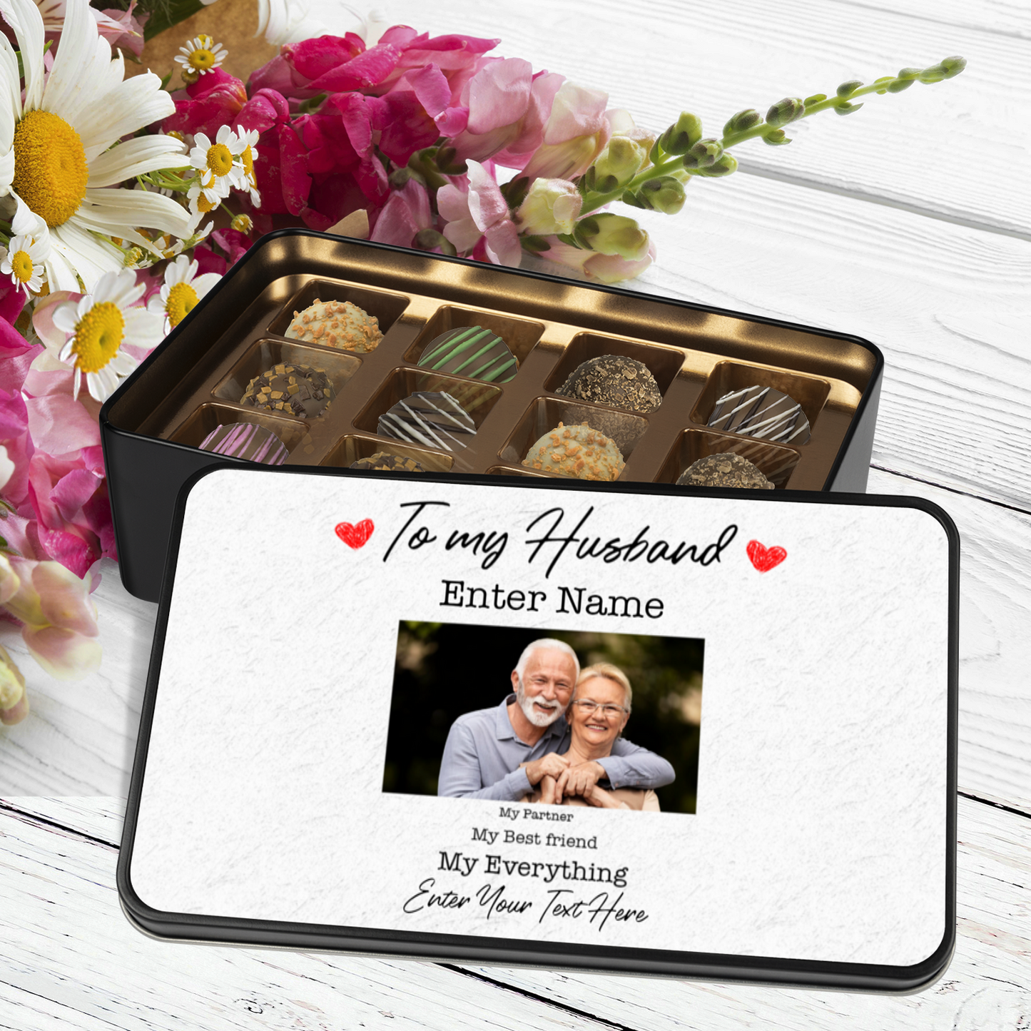 To My Husband Keepsake Tin Of 12 Luxury Handmade Chocolates With Personalized Text & Photo Upload