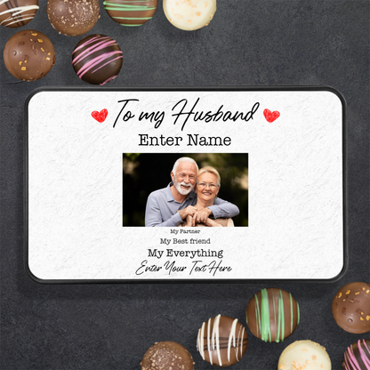 To My Husband Keepsake Tin Of 12 Luxury Handmade Chocolates With Personalized Text & Photo Upload