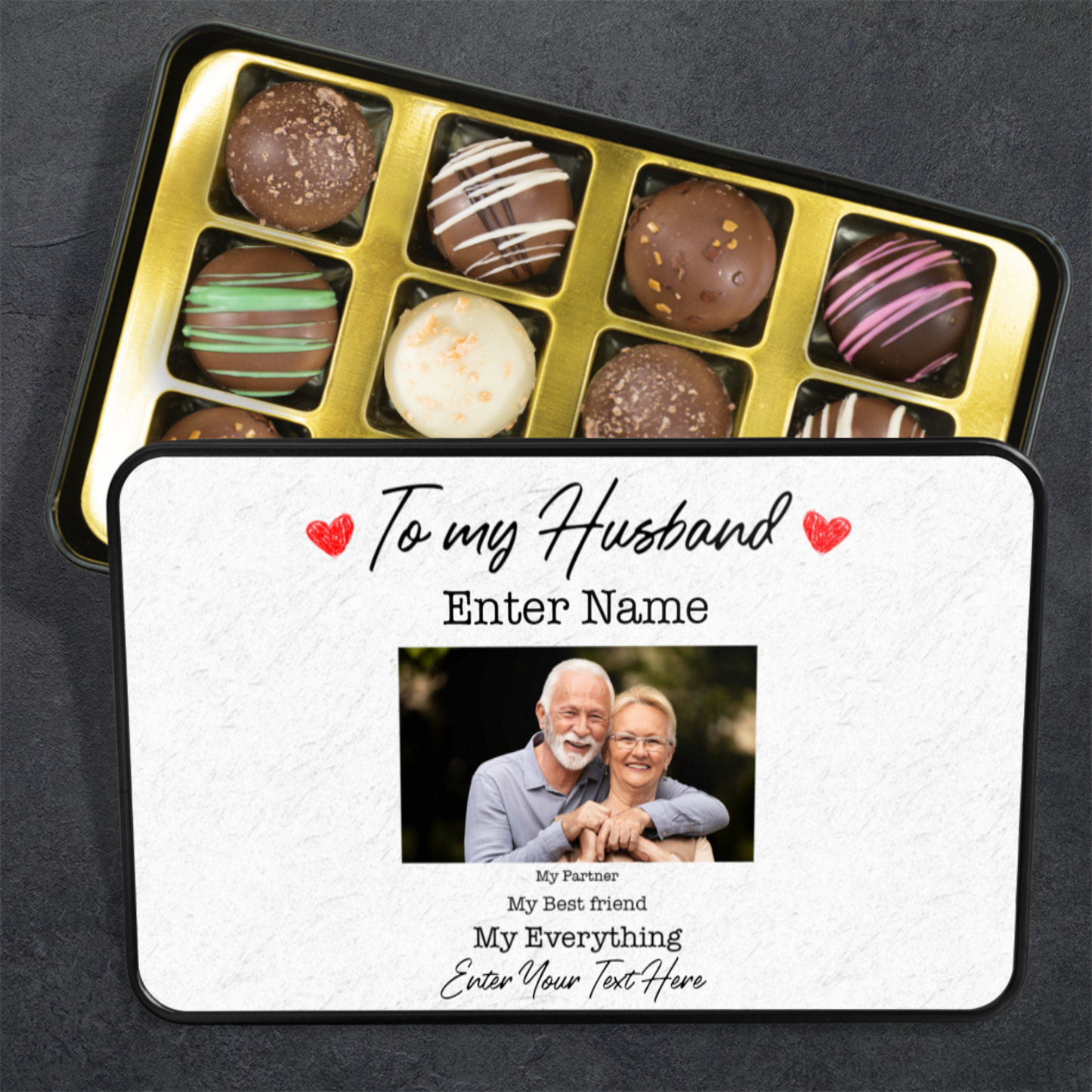 To My Husband Keepsake Tin Of 12 Luxury Handmade Chocolates With Personalized Text & Photo Upload