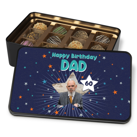 Happy Birthday Dad Keepsake Tin Of 12 Luxury Handmade Chocolates With Personalized Photo Upload & Age