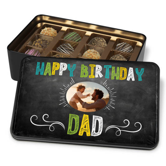 Happy Birthday Dad Keepsake Tin Of 12 Luxury Handmade Chocolates With Personalized Photo Upload