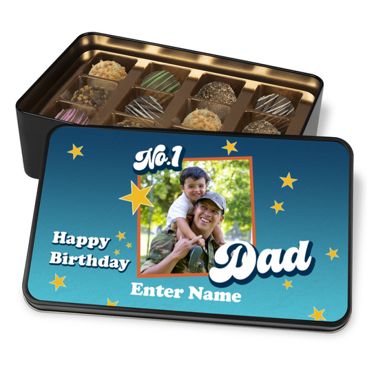 Happy Birthday Keepsake Tin Of 12 Luxury Handmade Chocolates With Personalized Text & Photo Upload