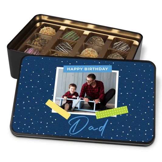 Happy Birthday Dad Keepsake Tin Of 12 Luxury Handmade Chocolates With Personalized Photo Upload