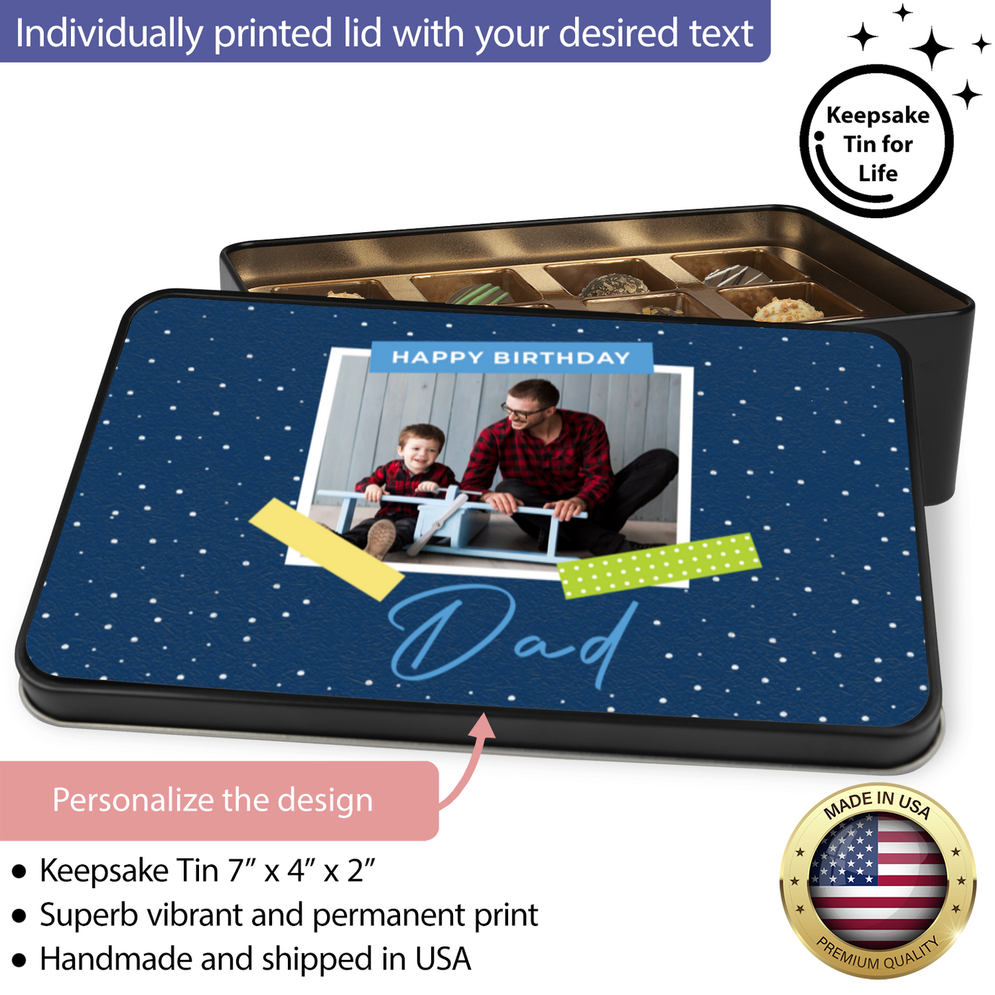 Happy Birthday Dad Keepsake Tin Of 12 Luxury Handmade Chocolates With Personalized Photo Upload