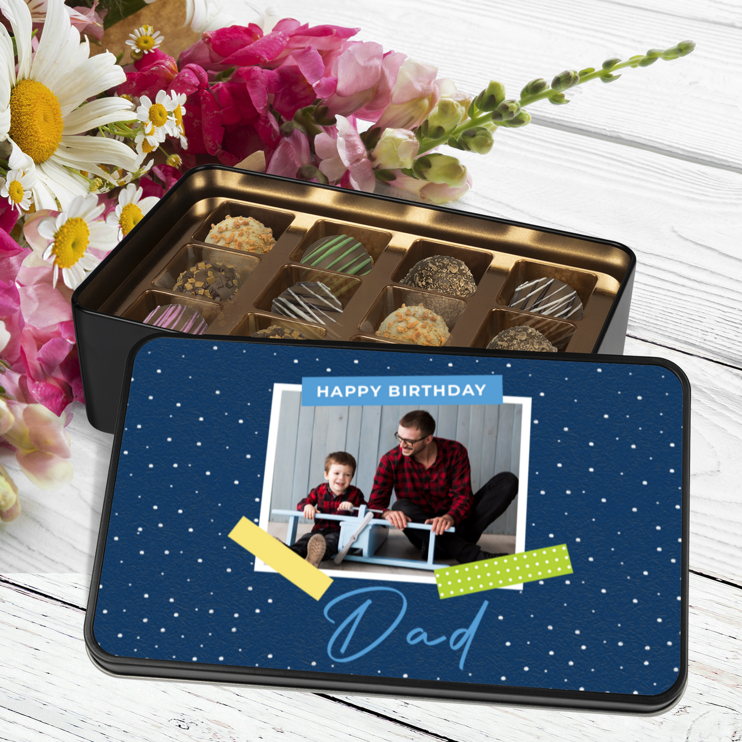 Happy Birthday Dad Keepsake Tin Of 12 Luxury Handmade Chocolates With Personalized Photo Upload