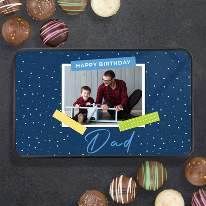 Happy Birthday Dad Keepsake Tin Of 12 Luxury Handmade Chocolates With Personalized Photo Upload